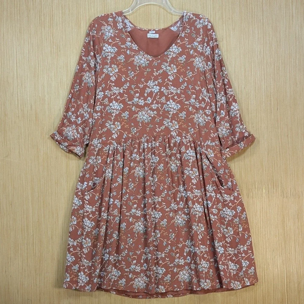 Garnet Hill Women‎ Rust Floral Boho Cottage Feminine Babydoll Dress 12 Pockets